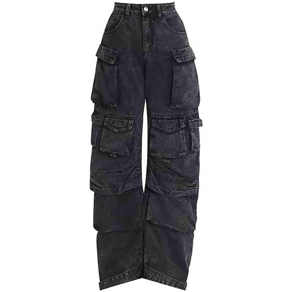 Women's Baggy Cargo Pants Stretch Denim Multi-Pocket High Rise Wide Leg